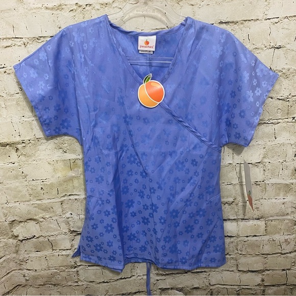 NWT Peaches Blue Floral Print Tie Back V Neck Scrub Top - Picture 1 of 5